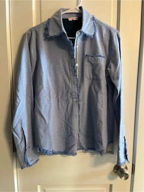 Women's Light Blue Frayed Button-Down Shirt